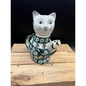 Polish Pottery Cat and Fish Creamer Teapot Green Floral DANA